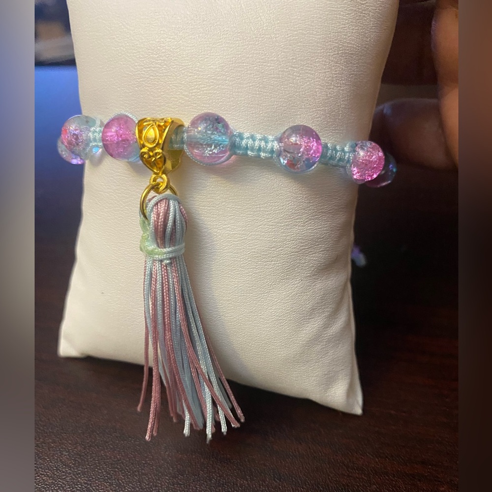 Pink and Blue Beaded  women’s Macrame knotted Bracelet with Tassel